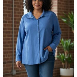 Catherines Blue Faux Suede Long‎ Sleeve Button Front Shirt Size 4X